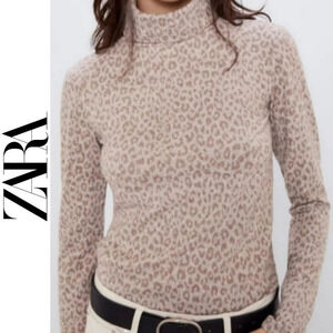 ZARA Nwt Soft Touch Animal Print Long Sleeve Turtleneck, Taupe, Light Brown, S